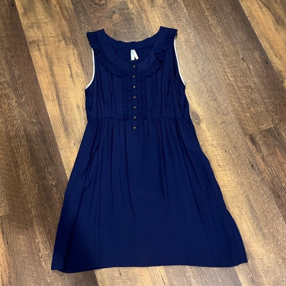 Maeve Anthropologie sleeveless dress women sz lg navy blue brass button‎ detail